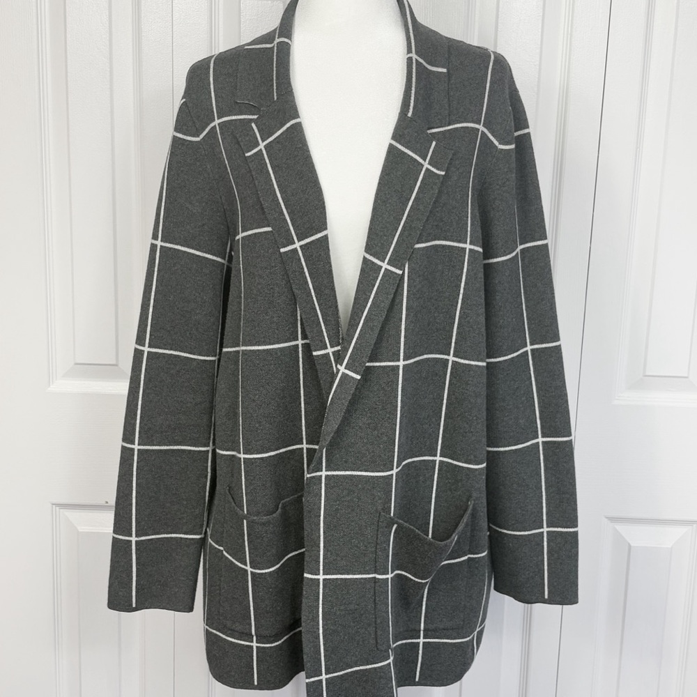 LOFT Gray & White Check Windowpane Knit Notched Lapel Cardigan Jacket XL